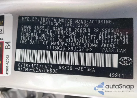 2009 Toyota Avalon Xls from USA, damaged, VIN 4T1BK36B89U337563